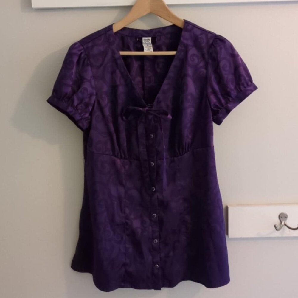 Studio 1940 Purple M Blouse Cap Sleeve Button Down Brokade Satin Romantic Tie